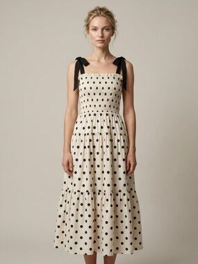 En Saison Cream Polka Dot Tie-Shoulder Midi Dress